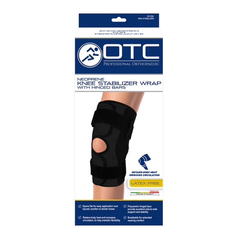 Ea/1 Otc Medium Neoprene Knee Stabilizer Wrap W/ Polycentric Hinged Bars Large (15-16)" Black Reversible Opens Flat W/ Upper & Lower Adjustable & Removable Hook & Loop Straps 4-Way Stretch Plush-Lined Latex-Free