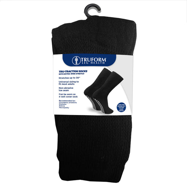 Pr/1 Tru-Traction Socks W/ Extra Wide Stretch Up To 30" One Size Black Non-Slip Grips Cotton