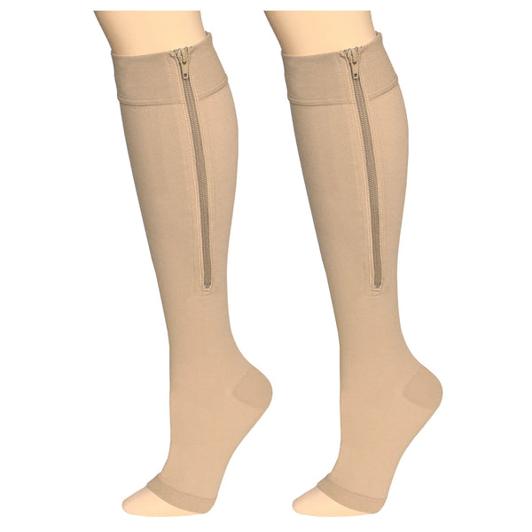 Pr/1 Truform Zipper 15-20Mmhg Knee-High Open-Toe Compression Socks Beige Unisex Large (15 1/2 - 18") Men'S Shoe (10 1/2 - 12) Women (12 - 13 1/2)