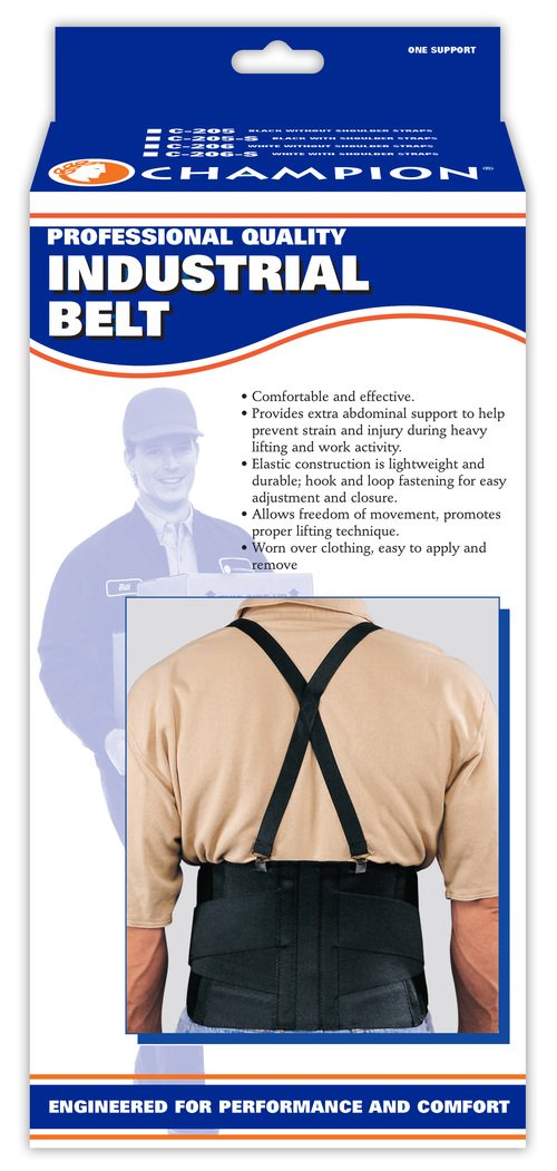 Ea/1 Industrial Belt Medium Back Support W/ Strap, Black 2Xl (48"-54") Latex-Free C-205