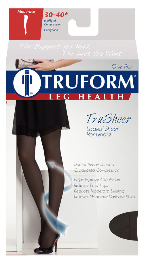 Pr/1 Truform Ladies' Trusheer 30-40Mmhg Compression Pantyhose Closed-Toe Large (32-54") Black Nylon/Spandex