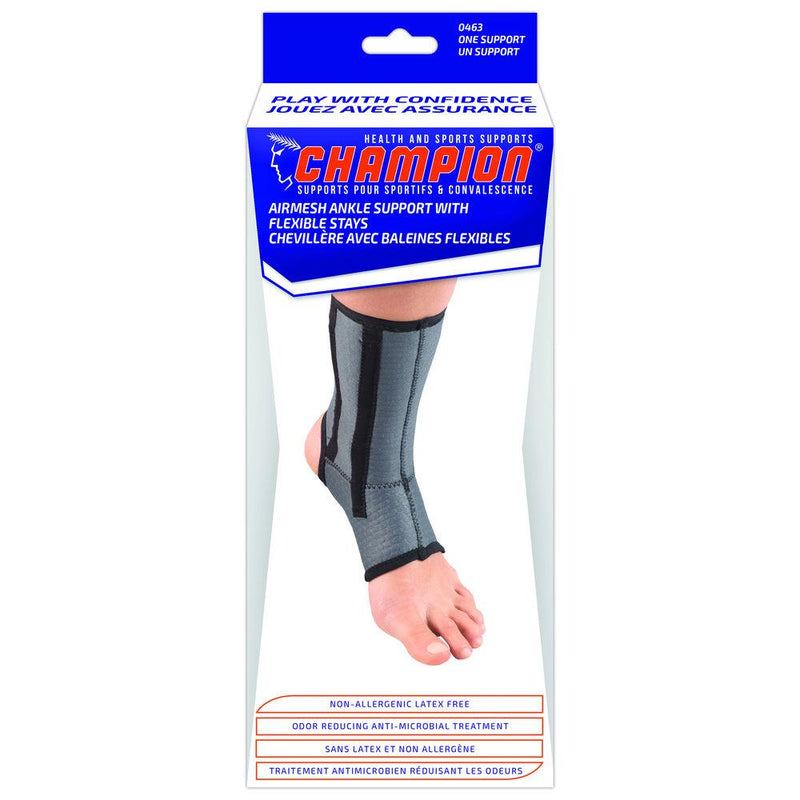 Ea/1 Champion Airmesh Medium Ankle Support W/ Flexible Stays Large (8 3/4" - 9 3/4") Open-Heel Charcoal Latex-Free