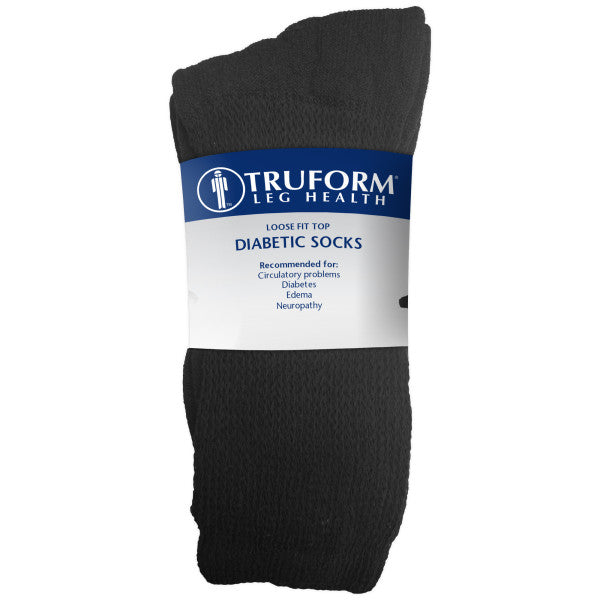 Pr/3 Truform Comfort Care Non-Compression Diabetic Socks Crew Length Black, Small(Men: 4-6 Women: 5-7)