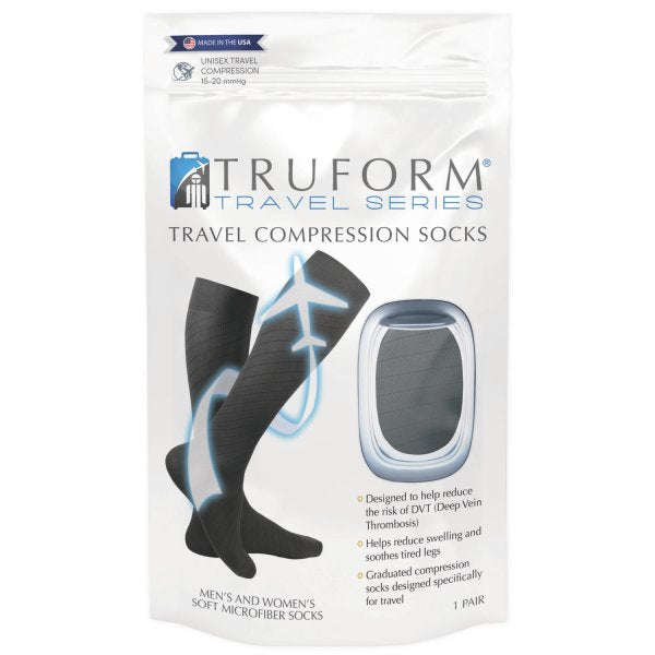 Pr/1 Truform Travel Series 15-20Mmhg Compression Socks Knee-High Closed-Toe Unisex Black Large (15 1/2" - 18" Calf) Microfiber