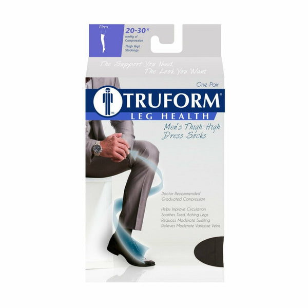 Pr/1 Truform Men'S 20-30Mmhg Dress-Style Thigh-High Compression Socks Small (15 3/4 - 24 1/2") Silicone Stay-Up Top Black