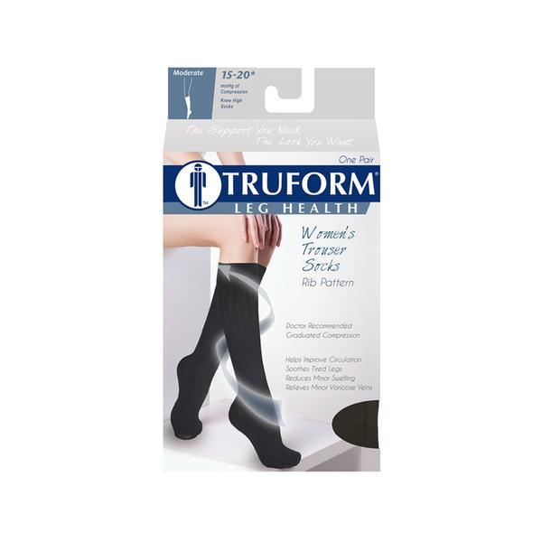 Pr/1 Truform Ladies' 15-20Mmhg Rib-Pattern Knee-High Compression Socks Small (1" - 14" Calf) Black Latex-Free