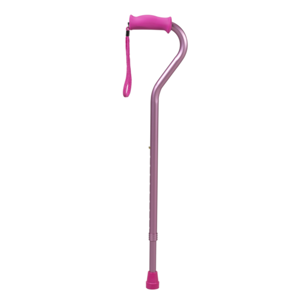 Ea/1 Pcp Offset One-Button Adjustable Cane (30-39") Soft Silicone Handle W/ Wrist Strap 7/8" Aluminum Metallic Rose Slip-Resistant Tip 300Lbs