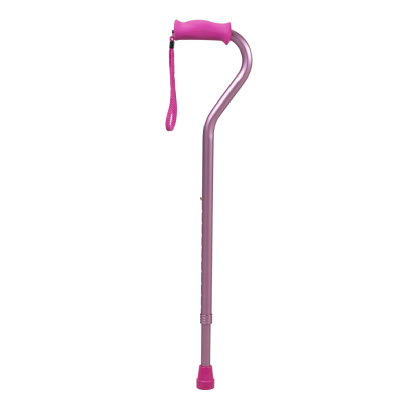 Ea/1 Pcp Offset One-Button Adjustable Cane (30-39") Soft Silicone Handle W/ Wrist Strap 7/8" Aluminum Metallic Rose Slip-Resistant Tip 300Lbs