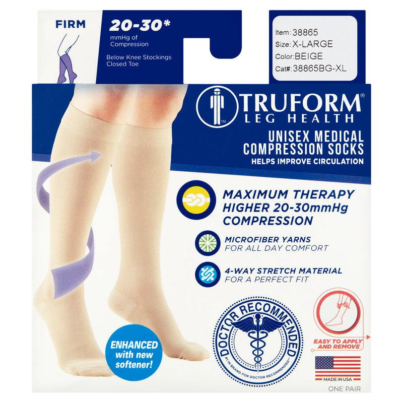 Pr/1 Truform Microfiber Medical Compression Sock, 20-30Mmhg, Knee-High Open-Toe, Unisex, Medium (Ankle 8 3/8 - 9 5/8", Calf 13 1/2 - 16"), Beige