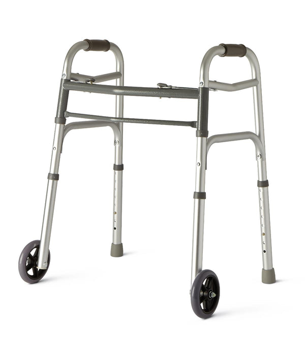 Youth 2-Button Folding Walker with 5" Wheels, Junior, Aluminum