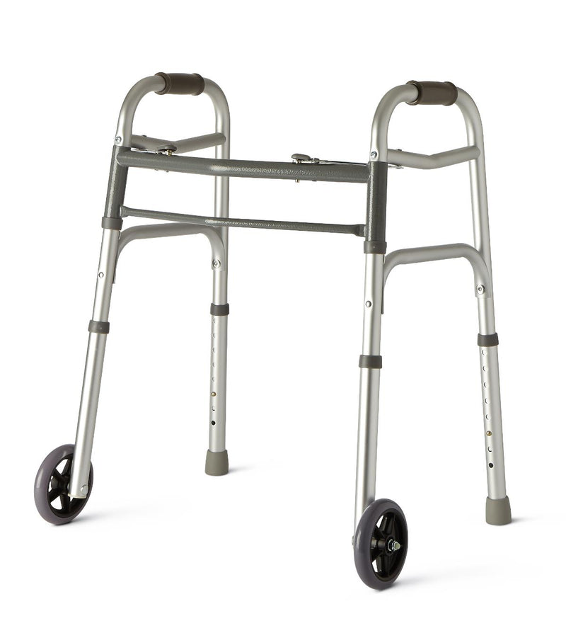 Youth 2-Button Folding Walker with 5" Wheels, Junior, Aluminum