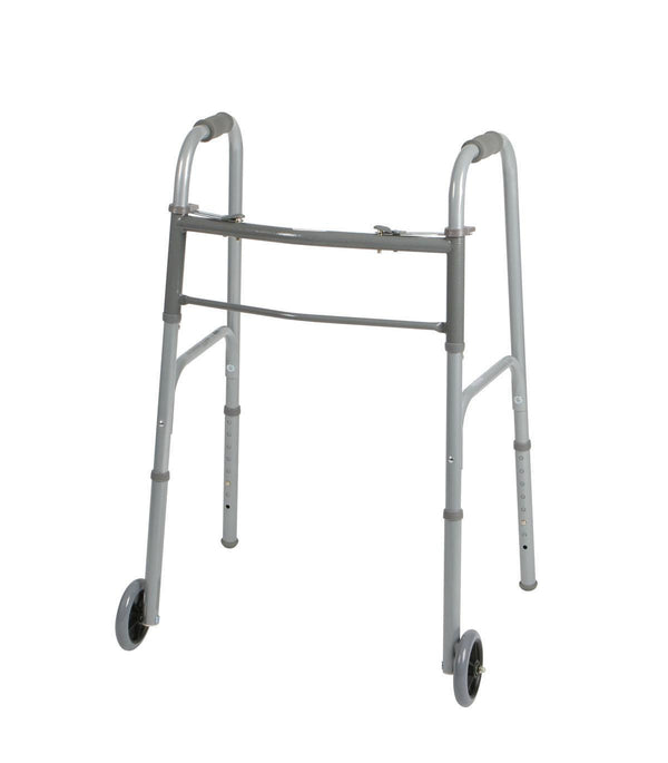 2-Button Folding Walker with 5" Wheels, Adjustable, Aluminum
