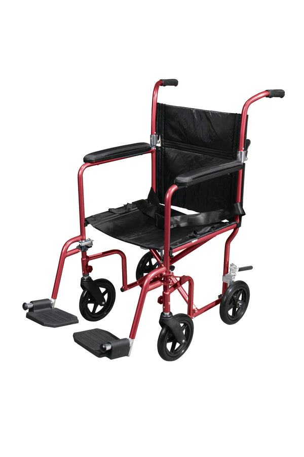 Deluxe Fly-Weight Aluminum Transport Chair with Removable Casters - Red